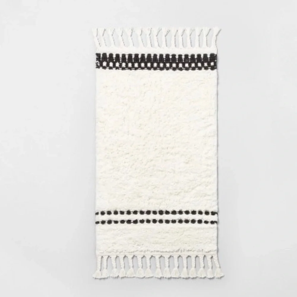 Stitch Stripe Bath Rug with Braided Fringe White/Black - Hearth & Hand